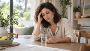 אישה עייפה יושבת ליד שולחן ומחזיקה את הראש, תסמינים של חוסר איזון הורמונלי ו-PMDD